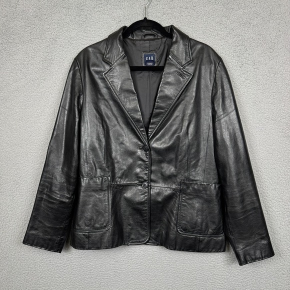 VTG Gap‎ Leather Jacket Womens 16 Black Button Blazer Minimalist Classic Y2K
